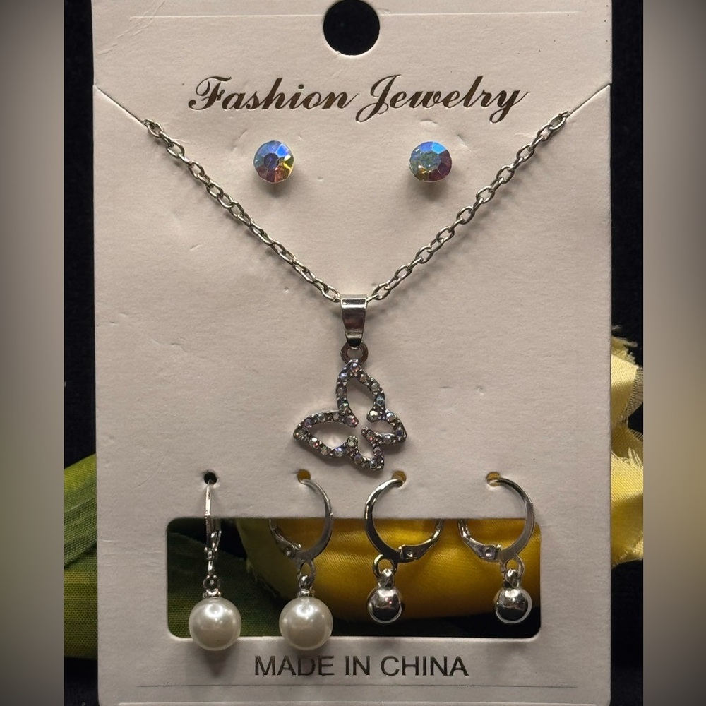 Silver Tone Butterfly Crystal Necklace & Multiple Earring Set